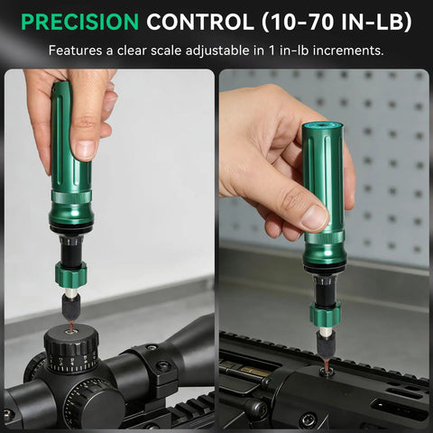Precision Torque Screwdriver Set With 10 To 70 Inch Pounds Range Quarter Inch Drive 24 Piece Handy Kit in use on optics and rifle mounts