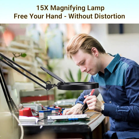 Man using 15X Magnifying Glass Desk Lamp With Clamp Real Glass Lens Dust Cover 84 LEDs 5 Color Modes 10 Brightness Levels