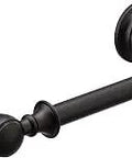 Weymouth Pivoting Double-Post Toilet Paper Holder In Matte Black With Easy Change Post, shown in angled view.