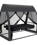 3 Seat Outdoor Patio Swing Daybed with Convertible Backrest, Cozy Cushions, Built In Canopy, Side Pocket And Mesh Netting, Gray