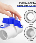 Top Shelf One Quarter Turn PVC Ball Valve With Blue T Handle SCH 40 No Sweat Shut Off Fitting, showcasing open and close positions.