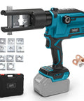 Heavy Duty Cordless Hydraulic Crimping Tool Compatible With Makita 18V Battery Including Eight Swappable Dies, with connectors and case.