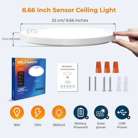 Motion Sensor LED Ceiling Light Flush Mount 8.7 Inch With 3000K 4000K 5000K Switchable Color Temperature components shown