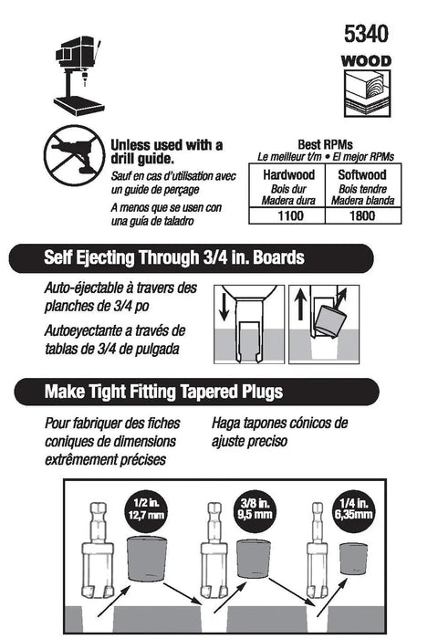Instructional image for Heavy Duty Steel Tapered Wood Plug Cutter Set With Quick Change Hex Shafts, showing sizes and uses.