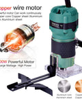 Compact Palm Router Tool For Woodworking showing copper wire motor and 800W power, suitable for edge routing and trimming.