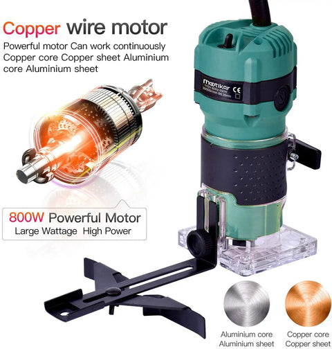 Compact Palm Router Tool For Woodworking showing copper wire motor and 800W power, suitable for edge routing and trimming.