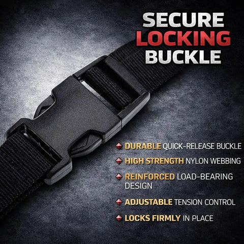 Close-up of secure locking buckle on Universal Flat Screen TV Safety Straps Anti Tip Adhesive Nylon Mounts, black material