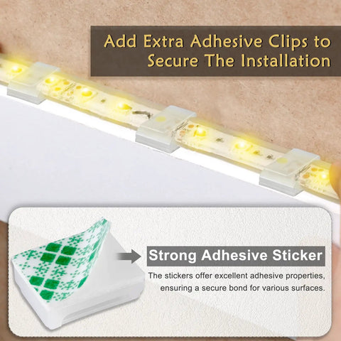 Self Adhesive LED Strip Mounting Clips Pack Of 100 For 8mm 10mm And 12mm Light Strips showcasing adhesive strength on surfaces
