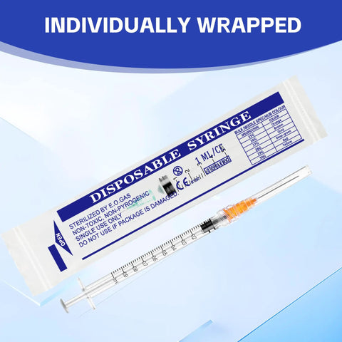 1 Milliliter Syringe Set, 25 Gauge 1 Inch, 100 Pack, Individually Sealed, Clear Measurement Scale, Smooth Plunger, Leak Proof, Ideal for Lab, Industrial, and Home Tasks in wrapped pouch