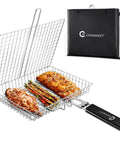 Stainless Steel Grill Basket With Portable Removable Handle for Veggies Shrimp Fish and Steak, Large 21 Inch Cooking Area, shows grilled food