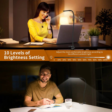 Clip On LED Book Light With Flexible Gooseneck 3 Color Modes And 10 Brightness Levels used by people reading at a desk and table