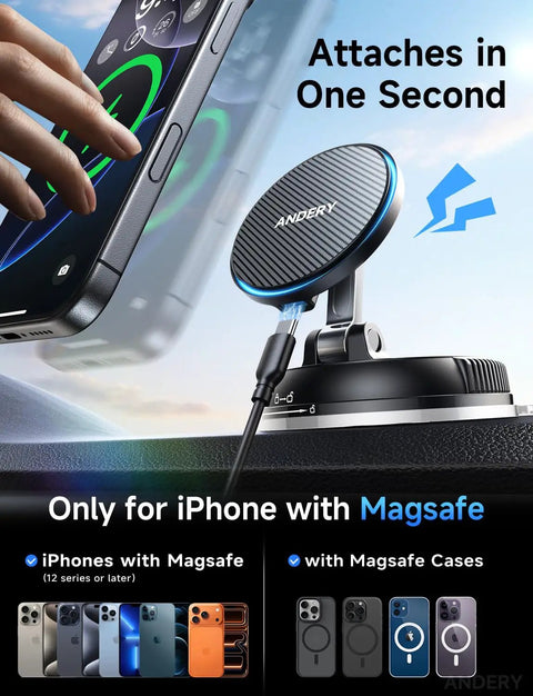 MagSafe Car Mount Charger for iPhone with 15W Fast Wireless Charging 78 Plus Lbs Suction shown attached in one second.