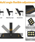 300W LED Stadium Flood Light Outdoor 2050W Equivalent 43500LM Beast Mode Bright Commercial Lighting IP66 Waterproof 85 277V 5000K Daylight White Arena Lights For Sports Fields And Outdoor Venues showing multi-angle flexible adjustment details with 180-degree rotation, advanced heatsink, heavy glass, and IP66 waterproof grade.