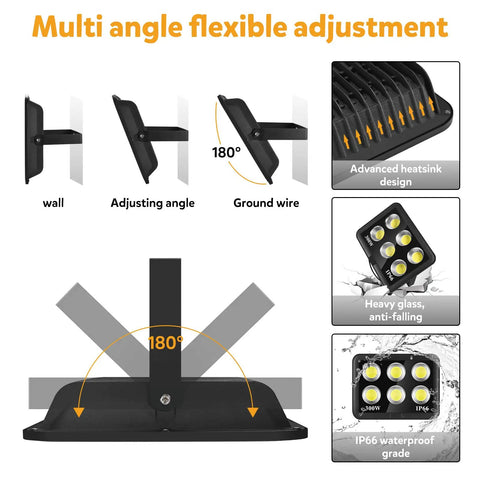 300W LED Stadium Flood Light Outdoor 2050W Equivalent 43500LM Beast Mode Bright Commercial Lighting IP66 Waterproof 85 277V 5000K Daylight White Arena Lights For Sports Fields And Outdoor Venues showing multi-angle flexible adjustment details with 180-degree rotation, advanced heatsink, heavy glass, and IP66 waterproof grade.