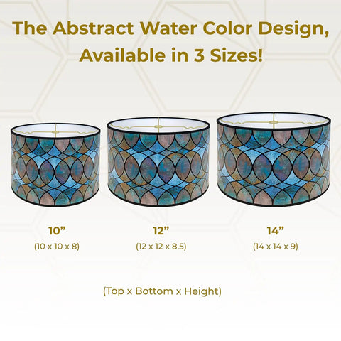 Three sizes of Dope Handmade Drum Lamp Shade in cool hues, abstract watercolor design with brass spider fitter.