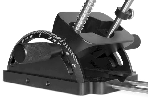 Heavy Duty Portable Drill Guide Slick Adjustable Drill Press Attachment No Sweat Precision Woodworking Tool Beast Mode Angled Drilling Aluminum Base Pro close-up of adjustable tilt mechanism.