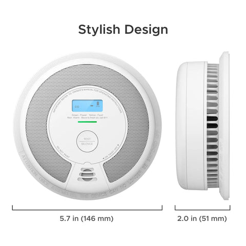 10-Year Battery 2-In-1 Smoke And Carbon Monoxide Alarm Detector With Large LCD Display, front and side view, SC07 model