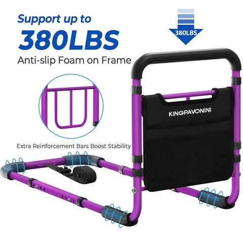 Rock Solid Bed Rails For Elderly Safety With Tool Free Setup, Adjustable Design, showing purple frame with non-slip handle