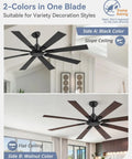 65 Inch No Light Ceiling Fan With Remote In Black, Large Indoor Outdoor Ceiling Fan With Quiet Reversible DC Motor