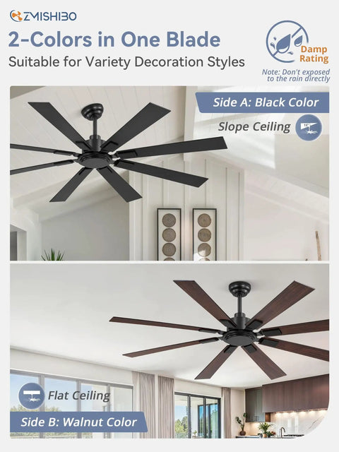 65 Inch No Light Ceiling Fan With Remote In Black, Large Indoor Outdoor Ceiling Fan With Quiet Reversible DC Motor