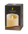 Scalloped Edge Flameless LED Candle Ivory 3.5 Inch Diameter 9 Inch Tall Real Wax Pillar With Moving Flame And Auto Timer Box