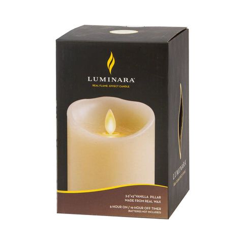 Scalloped Edge Flameless LED Candle Ivory 3.5 Inch Diameter 9 Inch Tall Real Wax Pillar With Moving Flame And Auto Timer Box