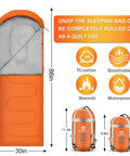 Top view of warm weather sleeping bag for outdoors portable waterproof and lightweight with compression sack, orange color