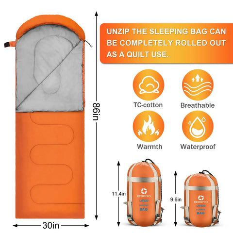 Top view of warm weather sleeping bag for outdoors portable waterproof and lightweight with compression sack, orange color