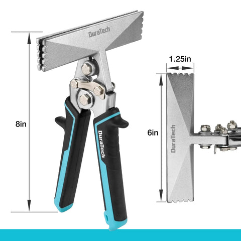 6 Inch Sheet Metal Bender With Ergonomic TPR Handle, Straight Jaw Hand Seaming Pliers shown from front and side view