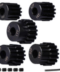 Beefed Up Hardened Steel Pinion Gear Set 32P for RC Cars, 13T-17T, 5mm shaft, allen key and screws, durable upgrade pack.