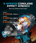 Heavy Duty 1000 Newton Meter Cordless Impact Wrench Kit With Half Inch Drive, 21 Volt, Brushless Motor, three speed levels shown