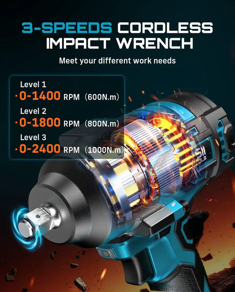 Heavy Duty 1000 Newton Meter Cordless Impact Wrench Kit With Half Inch Drive, 21 Volt, Brushless Motor, three speed levels shown