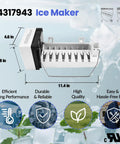 Icemaker Kit For Refrigerator W10190965 Replacement Part with dimensions and quality icons displayed