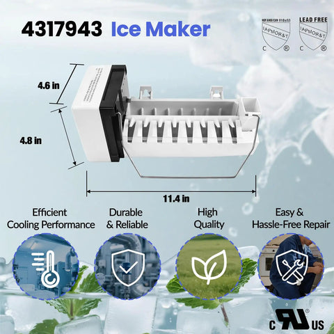 Icemaker Kit For Refrigerator W10190965 Replacement Part with dimensions and quality icons displayed