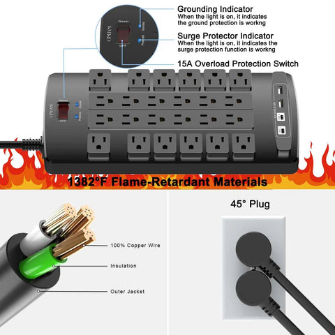 Surge Protector Power Strip With 24 Outlets And 4 USB Ports Including 2 USB C 4100J Surge Protection 6 Foot Flat Plug Heavy Duty Extension Cord ETL Listed For Home Office Dorm Room Black, front view