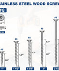 Top Shelf 410 Stainless Steel Deck Screws Number 8 X 1.5 Inch 150 Piece Pack sizes with T20 Bit shown for outdoor wood jobs.