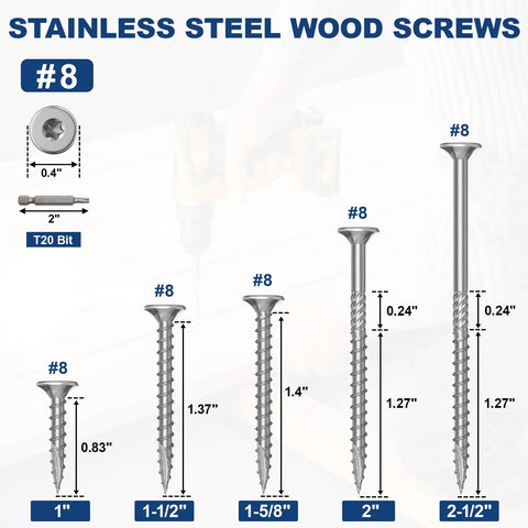 Top Shelf 410 Stainless Steel Deck Screws Number 8 X 1.5 Inch 150 Piece Pack sizes with T20 Bit shown for outdoor wood jobs.