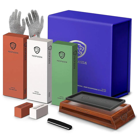 All In One Extra Large Knife Sharpening Stone Kit With 3 Grits 400 1000 6000 XL Wet Stone, Whetstone Sharpener With Non Slip Wood Base, Angle Guide, Cut Resistant Gloves, Rust Remover, And Leveling Stones displayed with packaging.