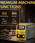 Garage Ready Bang-For-Your-Buck 135A Stick And Lift TIG Arc Welder with LCD display in workshop setting showing features like IGBT technology.