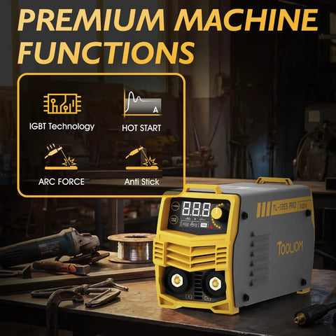 Garage Ready Bang-For-Your-Buck 135A Stick And Lift TIG Arc Welder with LCD display in workshop setting showing features like IGBT technology.