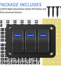 Rocker Switch Panel 12V Marine Waterproof Toggle Switch With Blue LED, Pre-Wired 3-Gang, DIY sticker set, and mounting screws