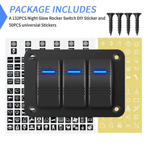 Rocker Switch Panel 12V Marine Waterproof Toggle Switch With Blue LED, Pre-Wired 3-Gang, DIY sticker set, and mounting screws