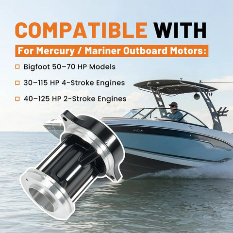 Outboard Shaft Bearing Carrier For Mercury Mariner 30 To 125HP Two And Four Stroke Engines Fits Bigfoot 50 70HP 4 1/4 Inch Bullet Propeller Shaft Housing Replacement 8M0168901 Without Sealing Ring, silver metal carrier shown on boat