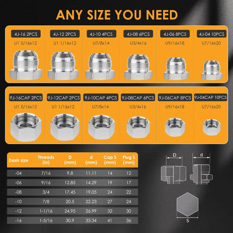 64-Piece All-In-One 37 Degree Flare Thread Cap And Plug Kit For Hose, Tube And Pipe Fittings In Galvanized Carbon Steel