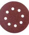 Super Tough 5 Inch Hook And Loop Sanding Discs With Eight Holes For Dustless Vibes close-up view showing 8 holes and alumina grain surface.