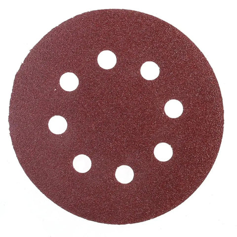 Super Tough 5 Inch Hook And Loop Sanding Discs With Eight Holes For Dustless Vibes close-up view showing 8 holes and alumina grain surface.