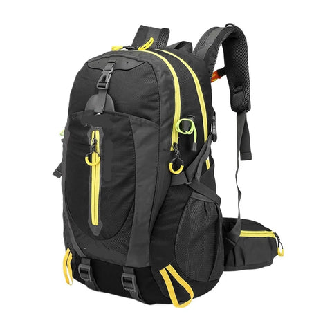 40L Water Resistant Travel Backpack For Camping And Hiking, Black and Red, displayed with multiple pockets and sturdy straps, side view