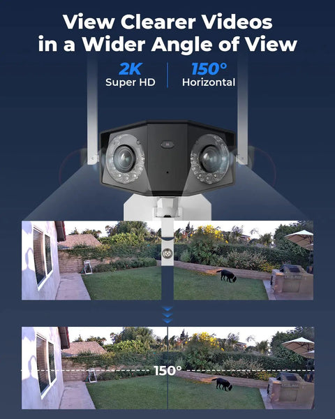 Dual Lens 2K 4MP Outdoor WiFi Security Camera With 150 Degree Ultra Wide View Color Night Vision demonstrating coverage