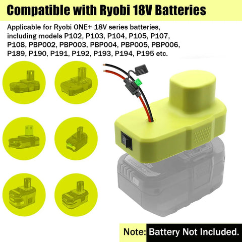Ryobi 18V Battery Adapter With 12 AWG Wire, Power Converter Kit on display, featuring yellow casing and compatibility details.