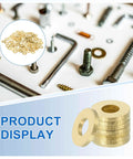 Hardened Brass Flat Washers Assortment Kit 110 Pack M3 Copper Crush Washers on display, featuring brass flat washers for bolts and screws.